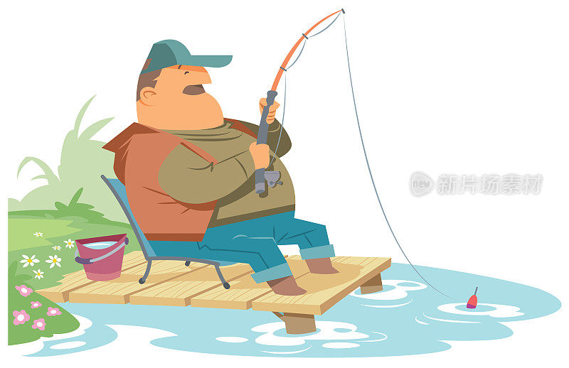 Fisherman Sit on Chair near Lake with Fishing Rod